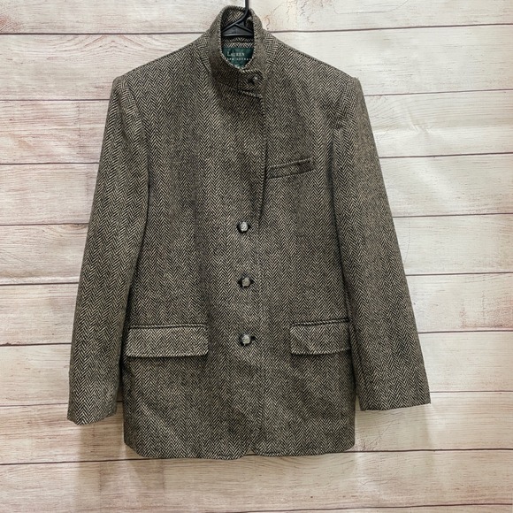 VINTAGE LAUREN RALPH LAUREN TWEED EQUESTRIAN 100% WOOL BLAZER IN HERRINGBONE - Picture 4 of 9